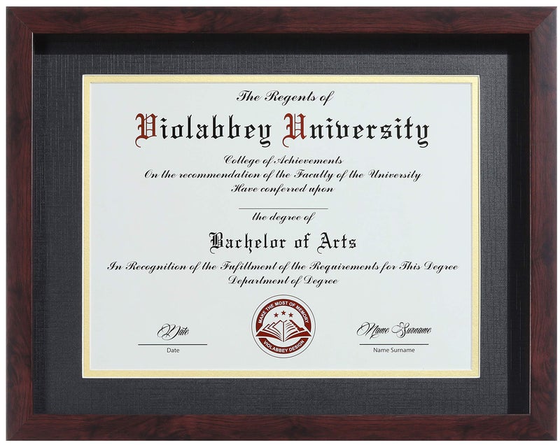 VIOLABBEY 11x14 Diploma Frame Brown - 8.5 x 11 Certificate & Degree Frame with mat or 11x14 without mat. HD Real Glass. Document Frame for Wall or Tabletop Display (Black Gold Double Mat) - Image 1